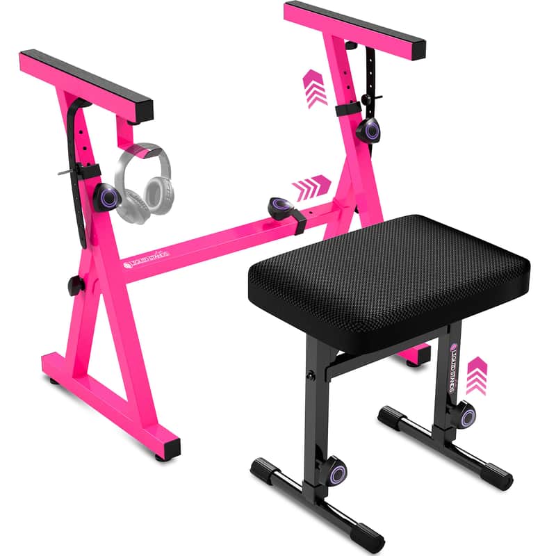 Liquid Stands Heavy Duty Keyboard Stand and Adjustable Bench Chair Set - For 54-88 Key Electric Pianos (Pink) image 1