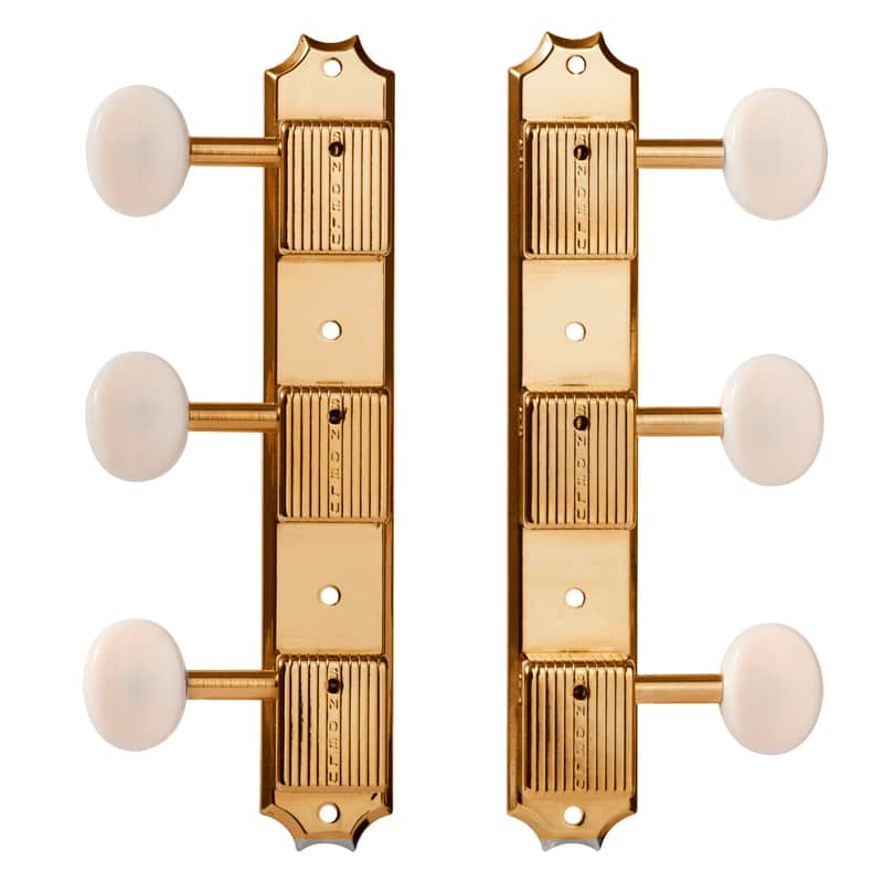 TonePros Kluson 3-on-Plate Tuners w/ Round White Buttons and Press-fit Bushings, Gold image 1