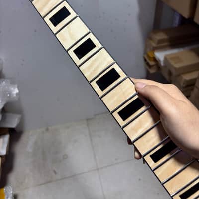 6 string DIY Gloss 22Frets Flame Maple Electric guitar Neck black square inlay image 4