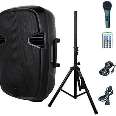 Portable 15-inch 600 Watt 2-Way Powered Dj/PA Speaker with Bluetooth/USB/SD Card Reader/FM Radio/Remote Control/LED Light/Speaker Stand, Black image 1