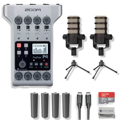 Zoom PodTrak P4 Portable Podcast Recorder with 2x Rode Podmic Dynamic Podcast Microphone and Essential Podcast Accessories image 1