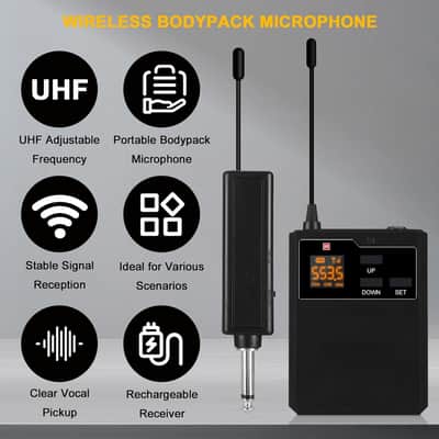 Wireless Lapel Microphone System with Headset & Lavalier Mics, UHF Bodypack Transmitters, Mini Rechargeable Receiver, 48 Channels in 500MHz, 260ft Range, Plug & Play for Wedding Speech Church image 3