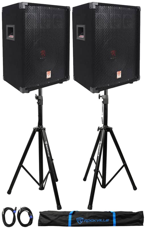 (2)Rockville RSG10 10” 400 Watt 2Way 8-Ohm Passive DJ PA Speaker +Stands +Cables image 1