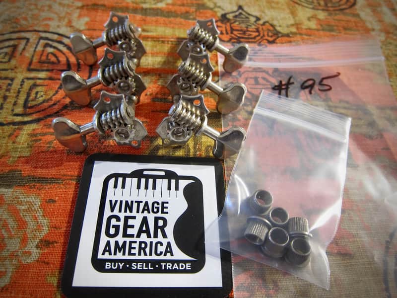 Grover Sta-Tite Guitar Tuners set of (6) three on a side near mint Circa 1950s-1960s - Nickel with Metal Buttons image 1