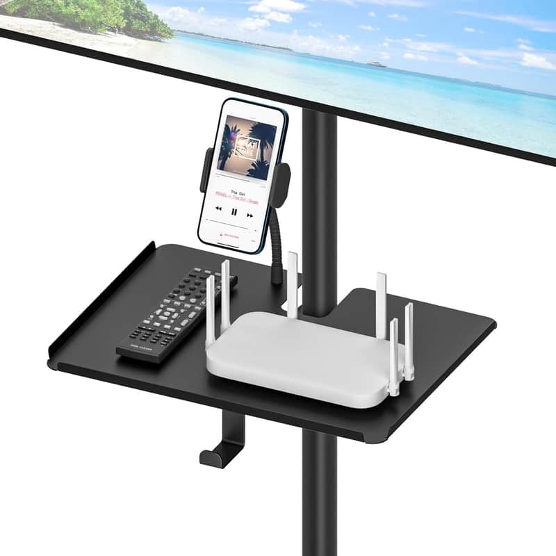 Universal Metal Clamp-on Shelf Pole Stand for TV Cart Stands, Speaker Stands, Microphone Stand Tray Shelf Up to 1.58" - 11.7" x 7.8" TV Stand Pole Tray for More Utility Storage Platform image 1