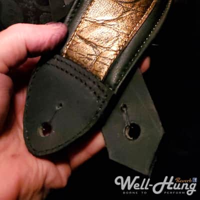 Well-Hung "Lust for Lustre" - 3" wide padded black leather comfort strap with gold reptile image 2