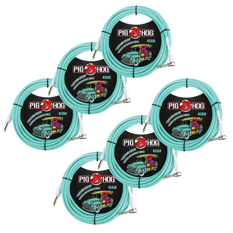 6 - Pack Pig Hog PCH20SGR Right Angle Vintage Woven Instrument Guitar Cable 20ft Seafoam Green - NEW image 1