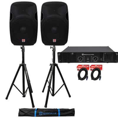 (2) Rockville SPGN154 15" 1600W DJ PA Speakers+Rockville RPA9 3000w Amp+Stands image 1
