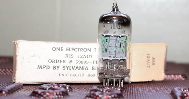 SYLVANIA JHS (JAN) 12AU7 ECC82 TIGHT BALANCE SHORT PLATE SQUARE GETTER TEST NOS+ IN BOX VINTAGE 1958 image 1