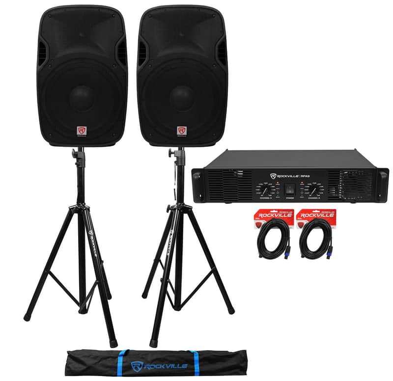 (2) Rockville SPGN154 15" 1600W DJ PA Speakers+Rockville RPA9 3000w Amp+Stands image 1