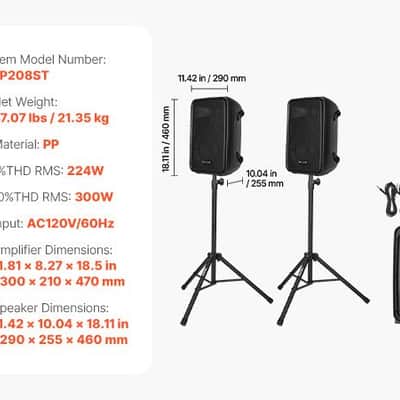 Vevor 2 X 8 in Speakers Portable PA System 300W Mixer Bluetooth Mic for DJ Party image 14