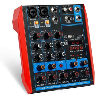 4 Channel Audio Mixer Portable Mini Sound Board Console with USB Audio Interface 48V Phantom Power Bluetooth USB MP3 DJ Mixer for Live Performance DJ Stage image 1