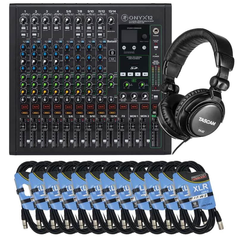 Mackie Onyx12 12-channel Analog Mixer, (12) XLR Cables, Tascam TH-02 Bundle image 1