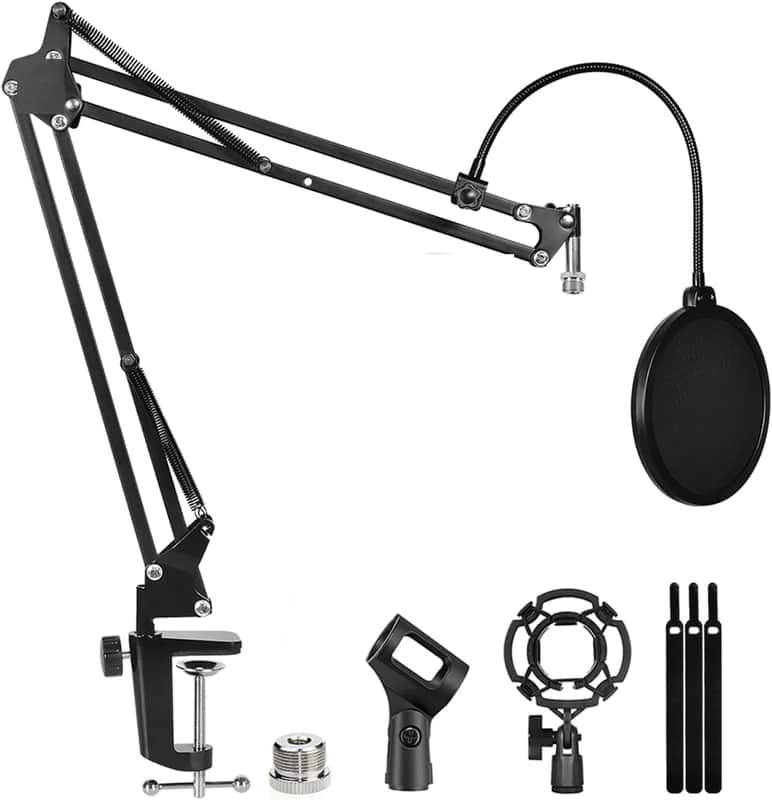 Microphone Stand for Blue Yeti, Quadcast Boom Arm Scissor Mic Stand with Windscreen and Double layered screen Pop Filter Heavy Duty Mic Boom Scissor Arm Stands, Broadcasting and Recording.Game image 1