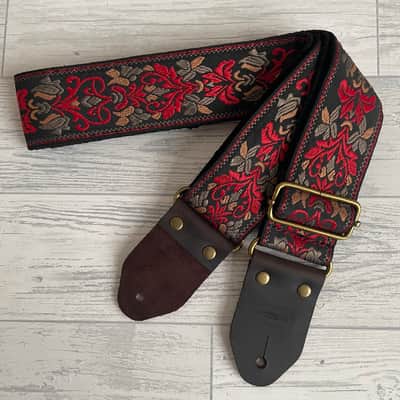 Red and black jacquard flower design guitar strap image 2