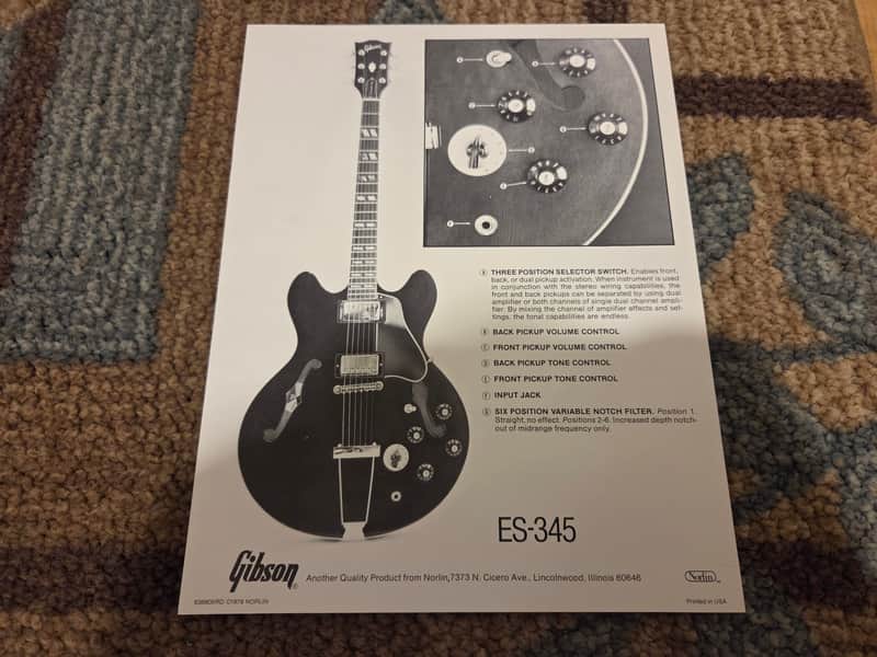 Vintage 1978 Gibson ES-345 Control Layout Spec. Sheet! Rare, Original Case Candy, Paperwork!