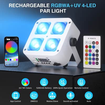 16-Pack Rechargeable Wireless LED PAR Stage Lights – RGBWA+UV Battery Uplight Set with App & DMX Control (100W Each) image 4