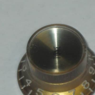 ONE very lite use genuine Gibson TONE (small print) knob from PRMK-030 set (only ONE TONE knob for sale / the other three knobs NOT included)  late 2000s or early 2010s - Knob is Gold with White Numbers & White Dashes (Gold Reflector w/ Small Black Print) image 4