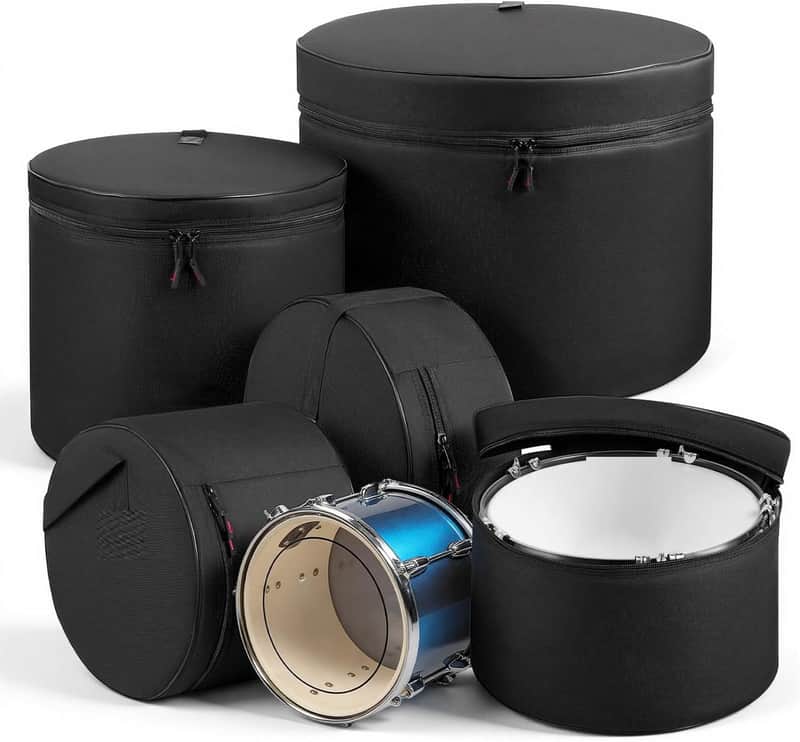 5-Piece Drum Case Set, 600D, Padded Drum Bags for 22 in Bass, 12/13/16 in Tom, 14 in Snare, Thick Padding, Lightweight Protective Covers Travel Storage Cases, for Drums Accessories Protection image 1