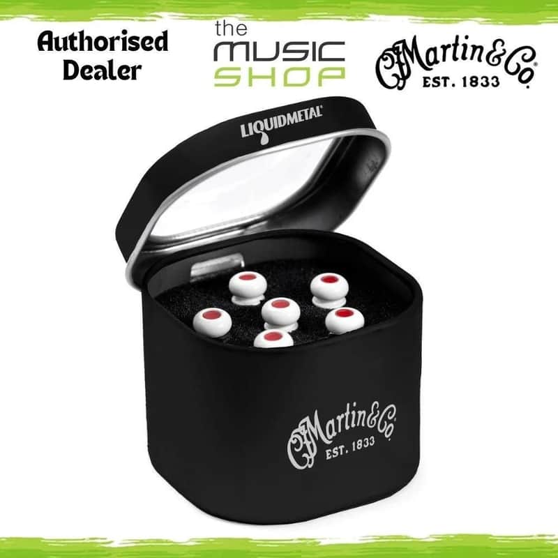 6 x LUXE By Martin Liquidmetal Bone Guitar Bridge Pins, Red Inlay - Liquid Metal image 1