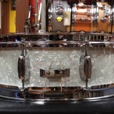 1960s Rogers 5x14 Powertone Snare Drum in White Marine Pearl image 2