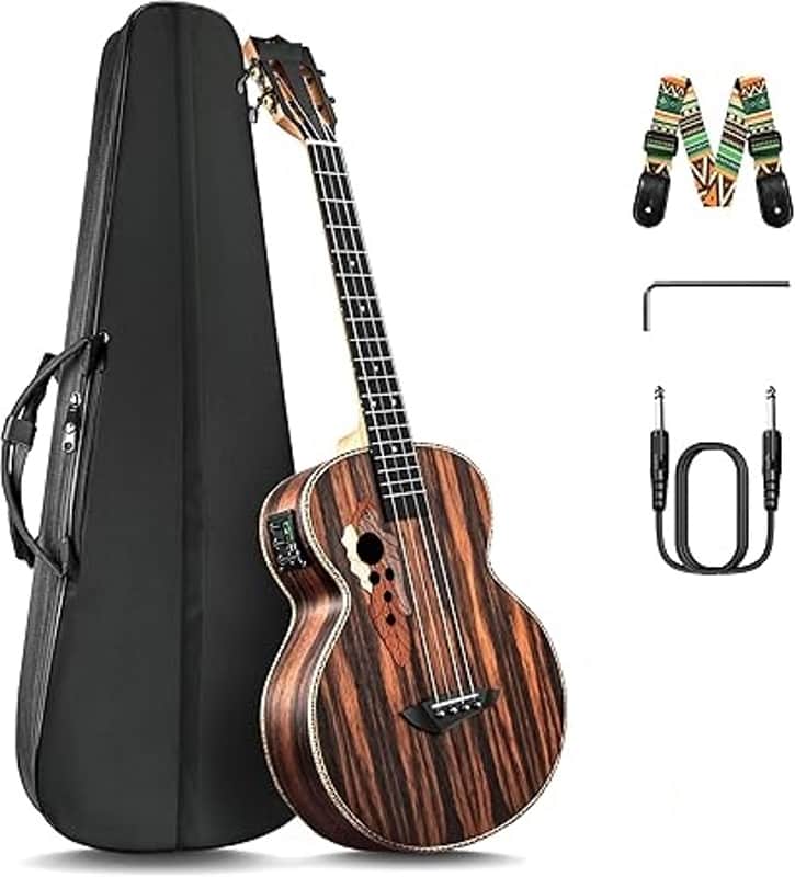 Ebony Wood Baritone Ukulele 30inch Wood LCD Color Display Electric Ukelele Kit Hawaiian Beginner Guitar Starter Pack Bundle Gig bag, Strap, Strings Set image 1