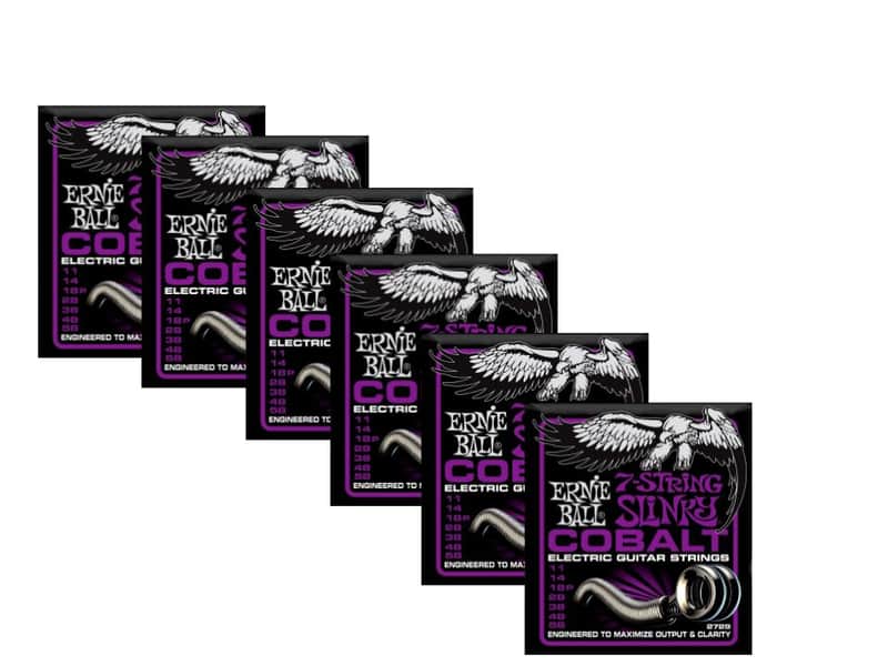 6 Pack Ernie Ball 2729 Cobalt 7-String Power Slinky Electric Guitar Strings (11-58) image 1