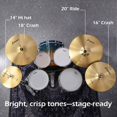 Cymbal Pack, 5 Pieces Drum Cymbals Set,14" Hi Hat Cymbals, 16" Crash and 18" Crash Cymbals, 20" Ride Cymbals for Drums Set image 2