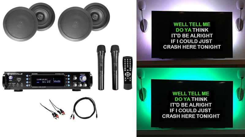 Rockville RPA70WBT Bluetooth Karaoke Amplifier+4) 8" Black Ceiling Speakers+Mics image 1