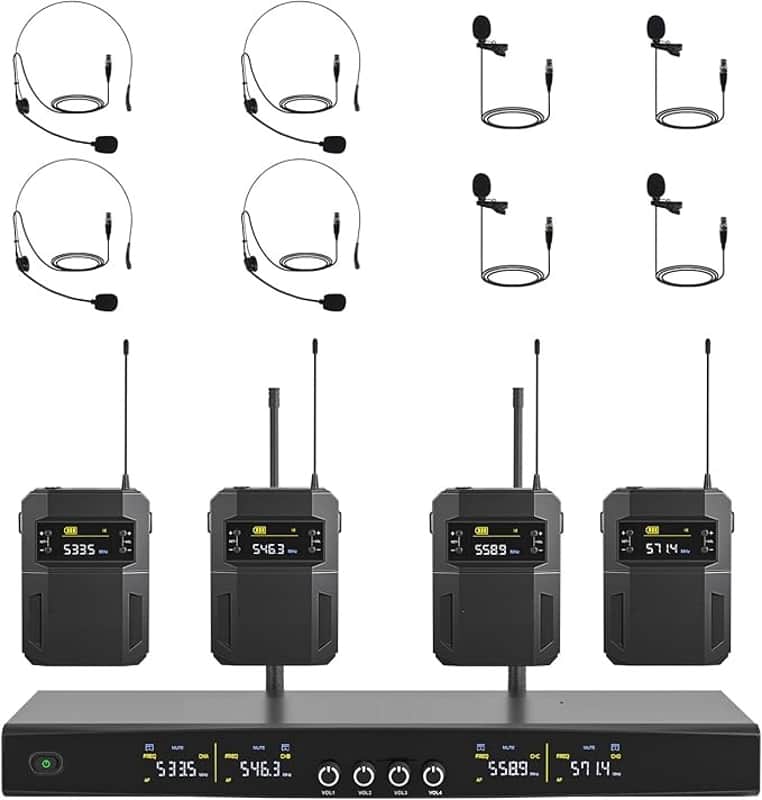 Wireless Microphone System, 4-Channel Wireless Mic Set w/ 4 Bodypacks and Headsets/Lapel Mics, 4x25 UHF Frequencies, 200ft Coverage, Cordless Microphone for Singing, Church image 1