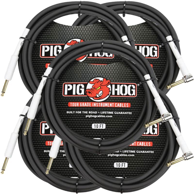 5 Pack Pig Hog PH10R Tour Grade 1/4" TS Straight to Right Angle Instrument Cable - 10' image 1