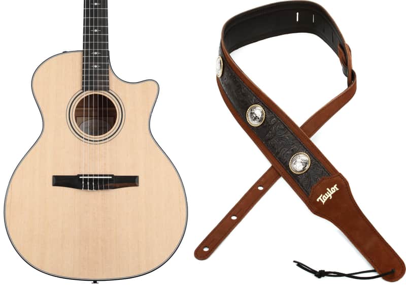 Taylor 314ce-N Nylon Acoustic-electric Guitar - Natural Sitka Spruce  Bundle with Taylor Grand Pacific 3" Guitar Strap - Brown image 1