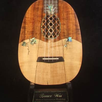 Handmade Pineapple Concert Ukulele, Solid Hawaiian Koa, Spalted Maple, Pineapple Soundhole, Soft-bag, Bruce Wei UW15-2309 image 4