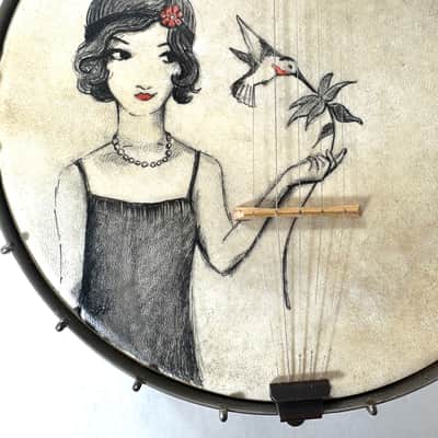 Old 5 string banjo with a painted head The Flapper and the Hummingbird 1930s - Wood and calf skin image 3