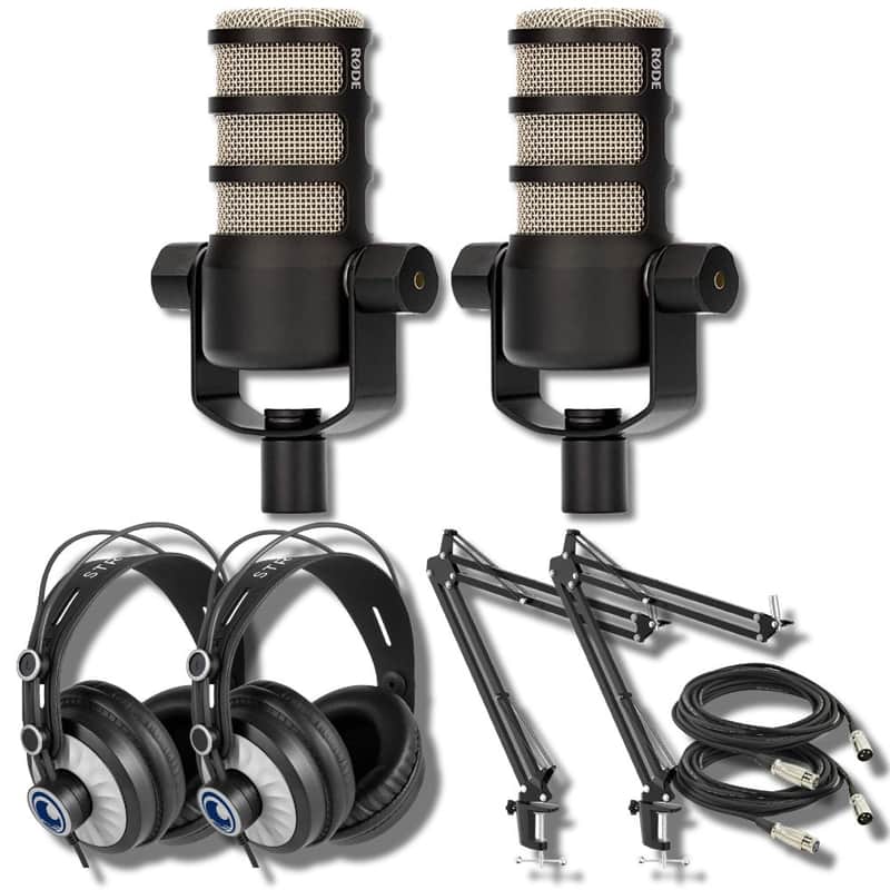 Rode PodMic Dynamic Podcast Microphone with StreamEye BOOMARM Mic Arms, Over-Ear Podcast Headphones, and 2 XLR Cables image 1