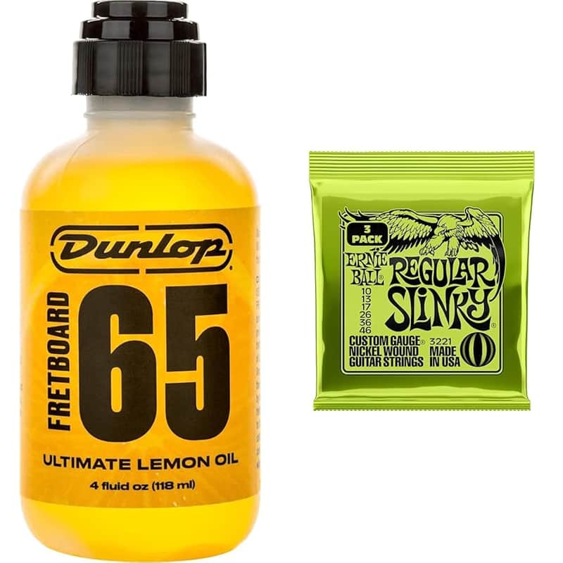 6554 Dunlop Ultimate Lemon Oil, 4 Oz. & Ernie Ball Regular Slinky Nickel Wound Electric Guitar Strings 3 Pack - 10-46 Gauge image 1