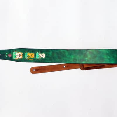 burnyblack custom made guitar strap - animals in forest leather/green image 13