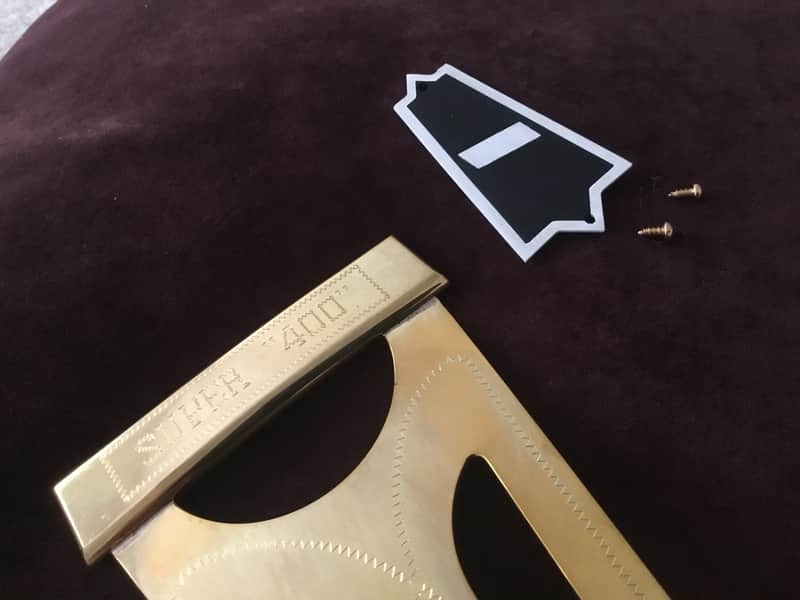 NOS-Gibson  Super 400 Exclusive Tailpiece  & Authentic Truss Rod Cover COMBO Late 80’s - Engraved Solid Brass with Super 400 semi-polished bound Truss Rod Cover. image 1