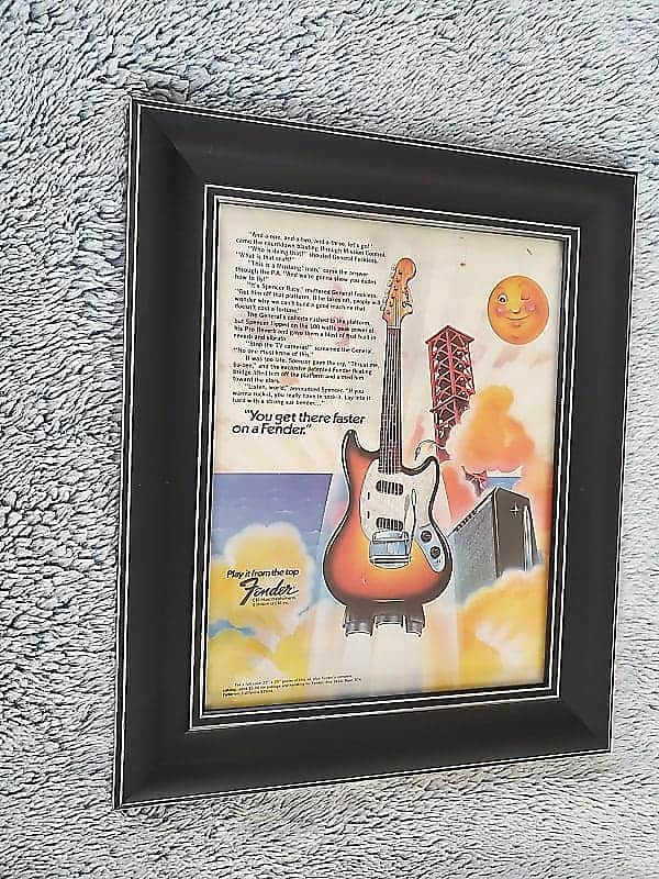 Original 1974 Fender Promo Ad Framed Fender Mustang Guitar & Pro Reverb Amp image 1