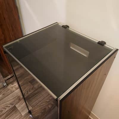 Vintage Fisher RA-128-2 Stereo Cabinet Wood Laminate Glass Door Open Top Wheels image 2