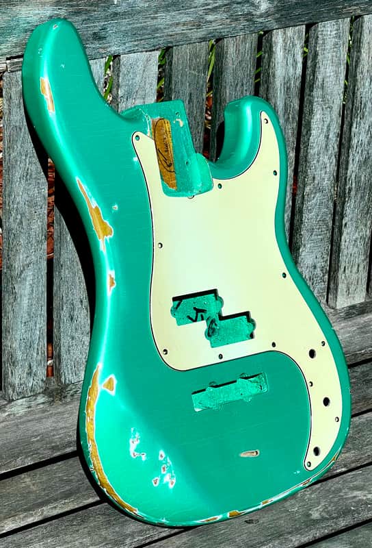 JVG - P Bass Body JB ROUTED ALDER WOOD GREEN Pearl Mist Patina Lacquer Thin Skin finish with AGED PICKGUARD included JVGuitars Reborn Old image 1