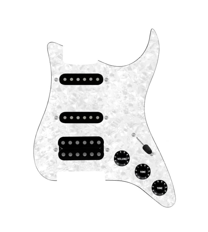 920D Custom HSS Loaded Pickguard For Strat With An Uncovered Smoothie Humbucker, Black Texas Vintage Pickups, Black Knobs, and White Pearl Pickguard image 1