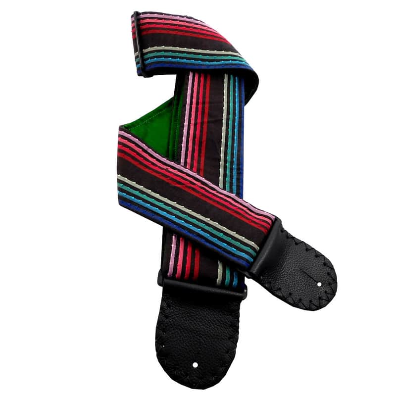 Colorful Stripes Guitar Strap Faux French Knots Artisan Handmade Blue Turquoise Green Burgundy Pink image 1