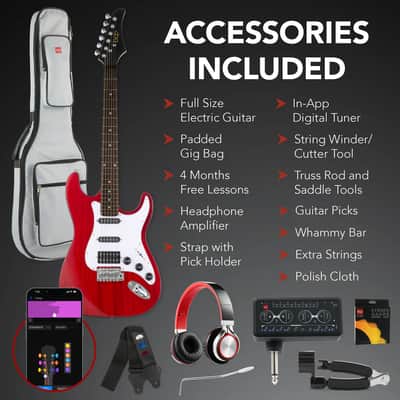 Beginner Electric Guitar Kit w/ Headphone Amp, Padded Gig Bag, Headphones - Red image 2