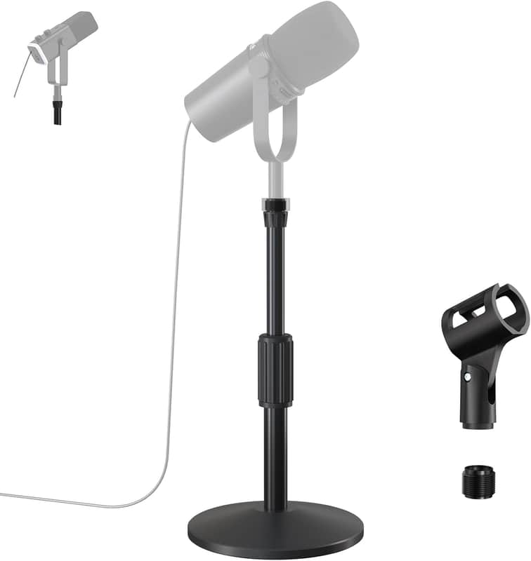 Desktop Mic Stand,Adjustable Height Podcast Microphone Stand with Mic Clip 3/8" to 5/8" Adapter image 1