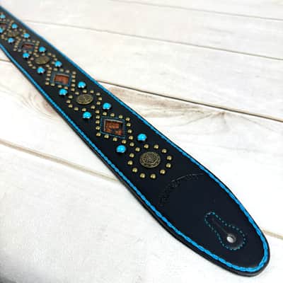 Walker & Williams GTR-20-BLU Sedona Special Turquoise Blue On Black Padded Strap With Brass Studs & Rivets For Acoustic Electric And Bass Guitars image 9