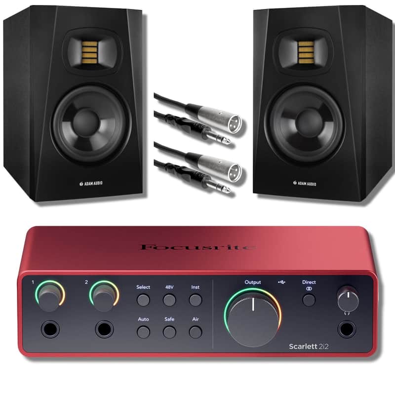 Focusrite Scarlett 2i2 4th Gen USB Audio Interface with Adam Audio T5V 5" Powered Studio Monitors and Cables image 1