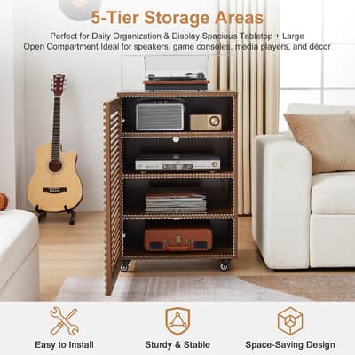 5-Tier Walnut Stereo Rack AV Media Cabinet w/ Adjustable Shelves, Cable Management & Wheels image 5