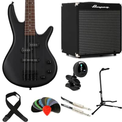 Ibanez miKro GSRM20 Bass Guitar and Ampeg Rocket Amp Essentials Bundle - Weathered Black image 1