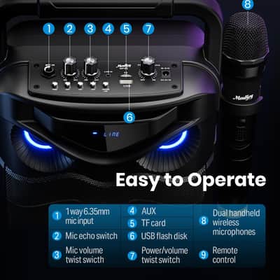 Moukey Karaoke Machine for Kids with 2 Wireless Microphones, Portable Bluetooth Speaker with Treble/Bass, Remote Control and LED Lights, PA System Support REC/AUX/USB/TF/FM for Adults/ Party, MPS3 image 6